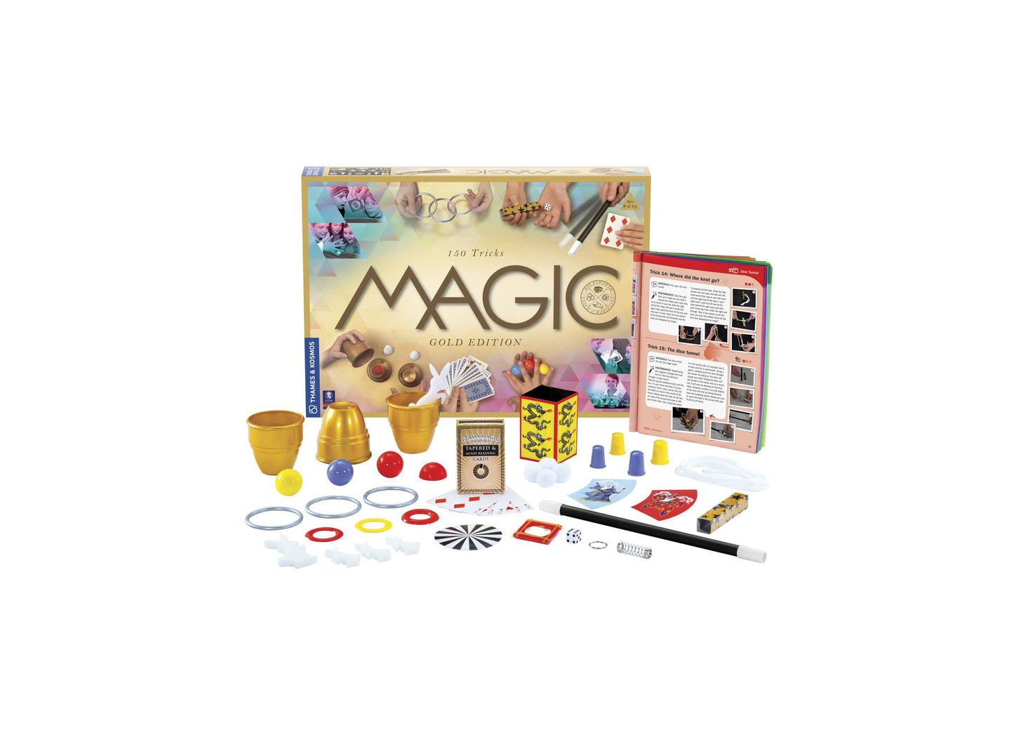 Thames & Kosmos Magic Gold Edition 150 tricks set with golden cups, colorful props and instruction guide