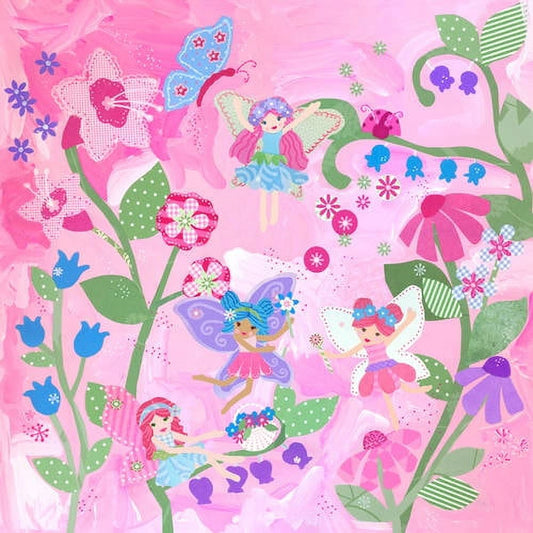 Flower Fair decorative canvas art featuring fairies among colorful flowers, green stems, and leaves on a pink background