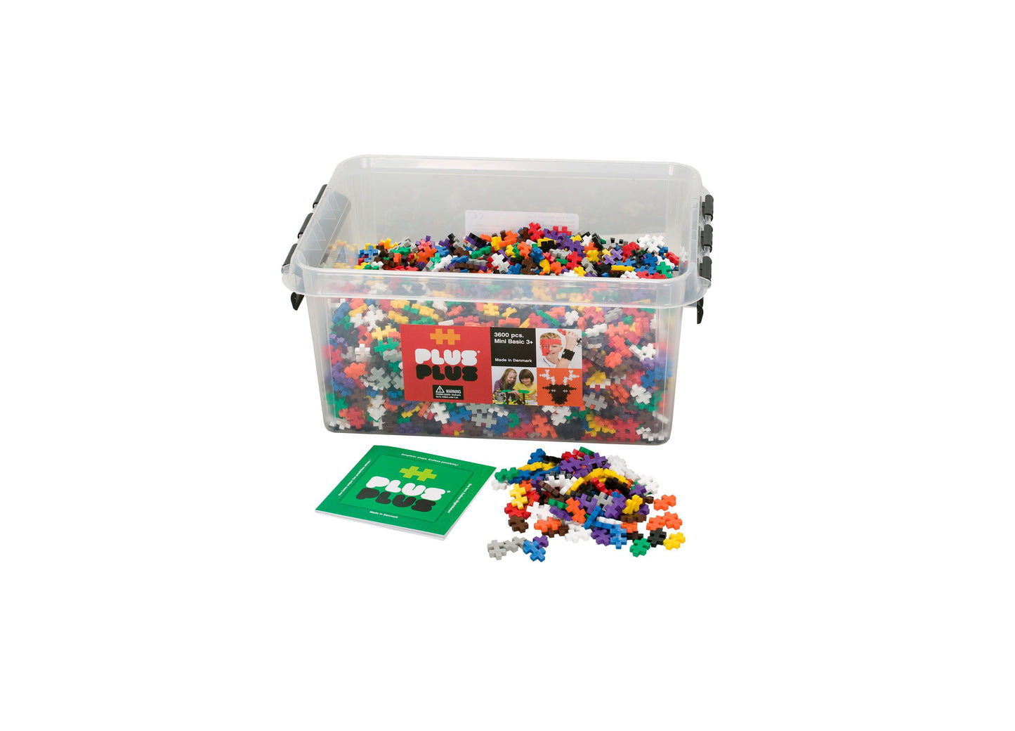 Plus-Plus 3600-piece building set in clear plastic storage container with lid and handles, including green instruction card and loose colorful plastic pieces in