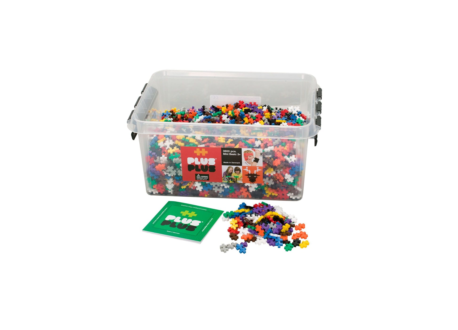 Plus-Plus 3600-piece building set in clear plastic storage container with lid and handles, including green instruction card and loose colorful plastic pieces in