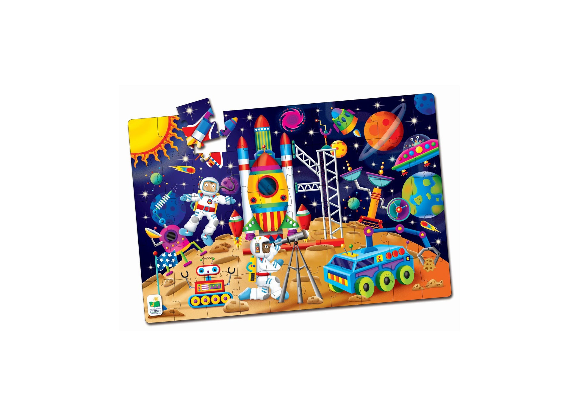 Galactic Explorer 50-piece jumbo floor puzzle featuring colorful space theme with rocket, astronaut, and planets