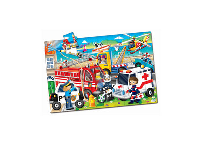 Emergency rescue-themed floor puzzle with firefighters, police officers, paramedics, fire truck, ambulance, police car, and helicopter on a bright, colorful sce