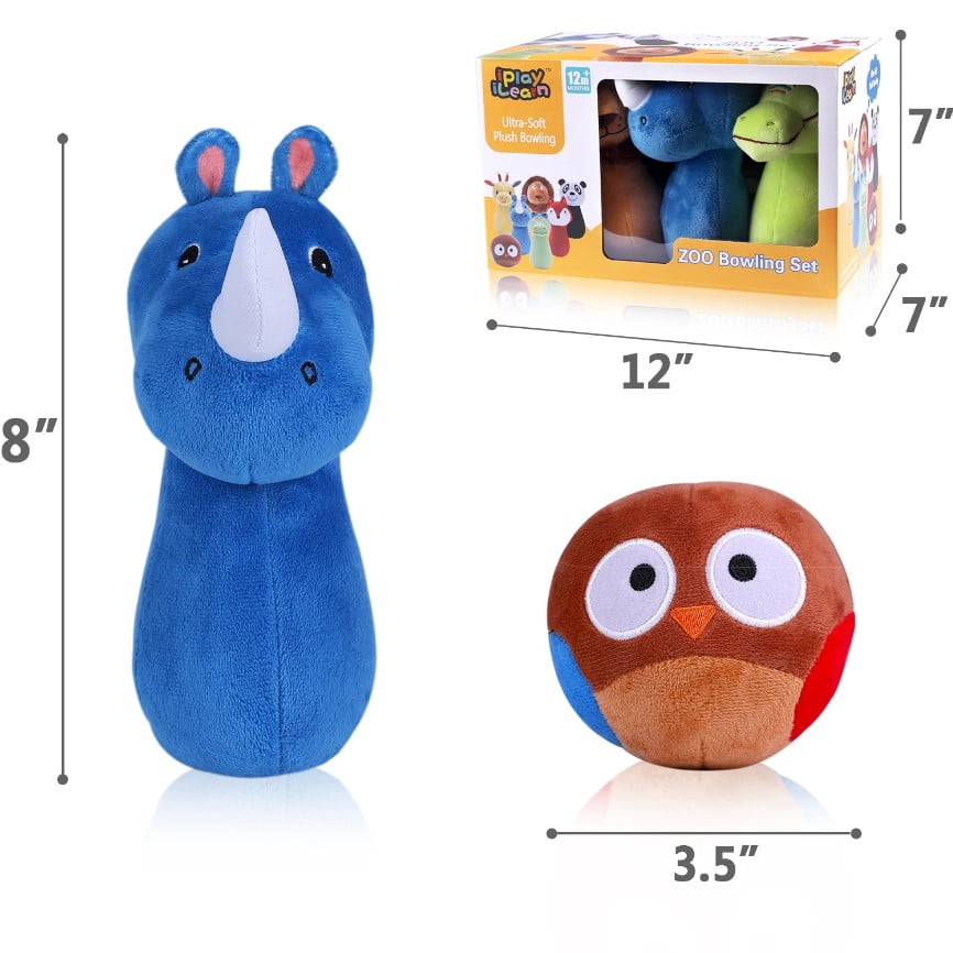 Plush bowling set with blue elephant pin, brown owl ball, and lime green ball shown with original packaging