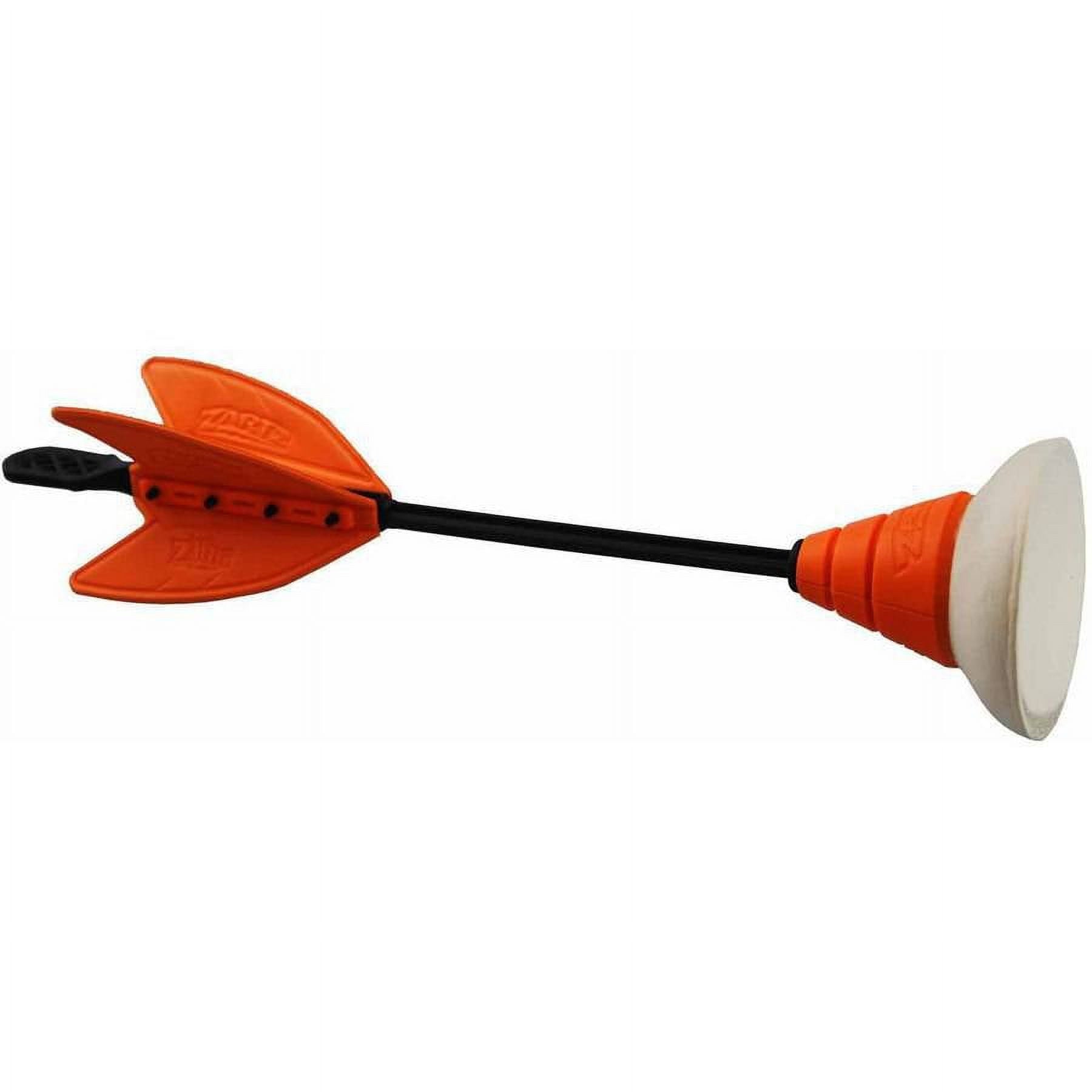Orange and white foam dart with red fin fletching and black shaft on plain background