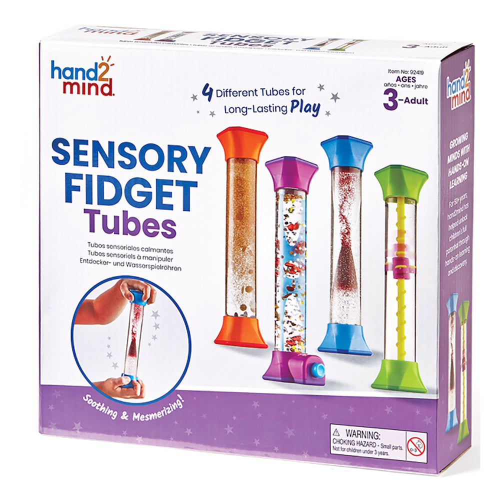 Hand2Mind Sensory Fidget Tubes set of 4 with different colored caps and fillings: orange tube with gold beads, purple tube with colorful beads, blue tube with r