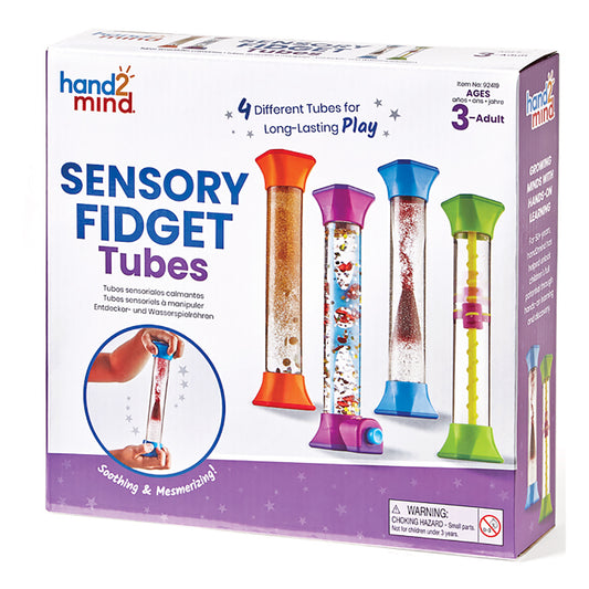 Hand2Mind Sensory Fidget Tubes set of 4 with different colored caps and fillings: orange tube with gold beads, purple tube with colorful beads, blue tube with r