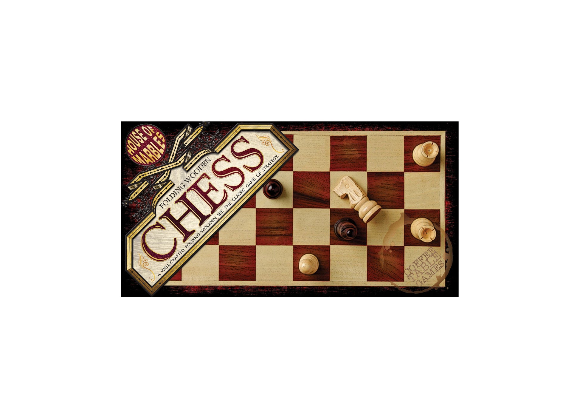 Classic Folding Wooden Chess Set with natural wood and dark stained squares, pieces positioned mid-game on board, shown with decorative vintage-style box lid