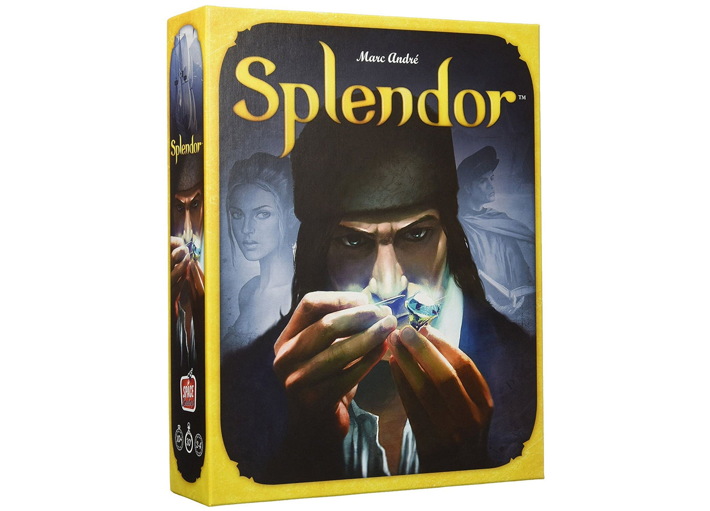 Splendor board game box by Marc André, featuring yellow border with dramatic artwork of a figure in dark robes holding a glowing gem, flanked by two portrait il