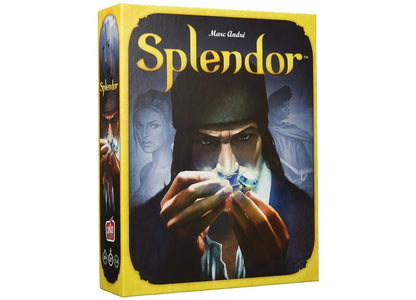Splendor board game box by Marc André, featuring yellow border with dramatic artwork of a figure in dark robes holding a glowing gem, flanked by two portrait il