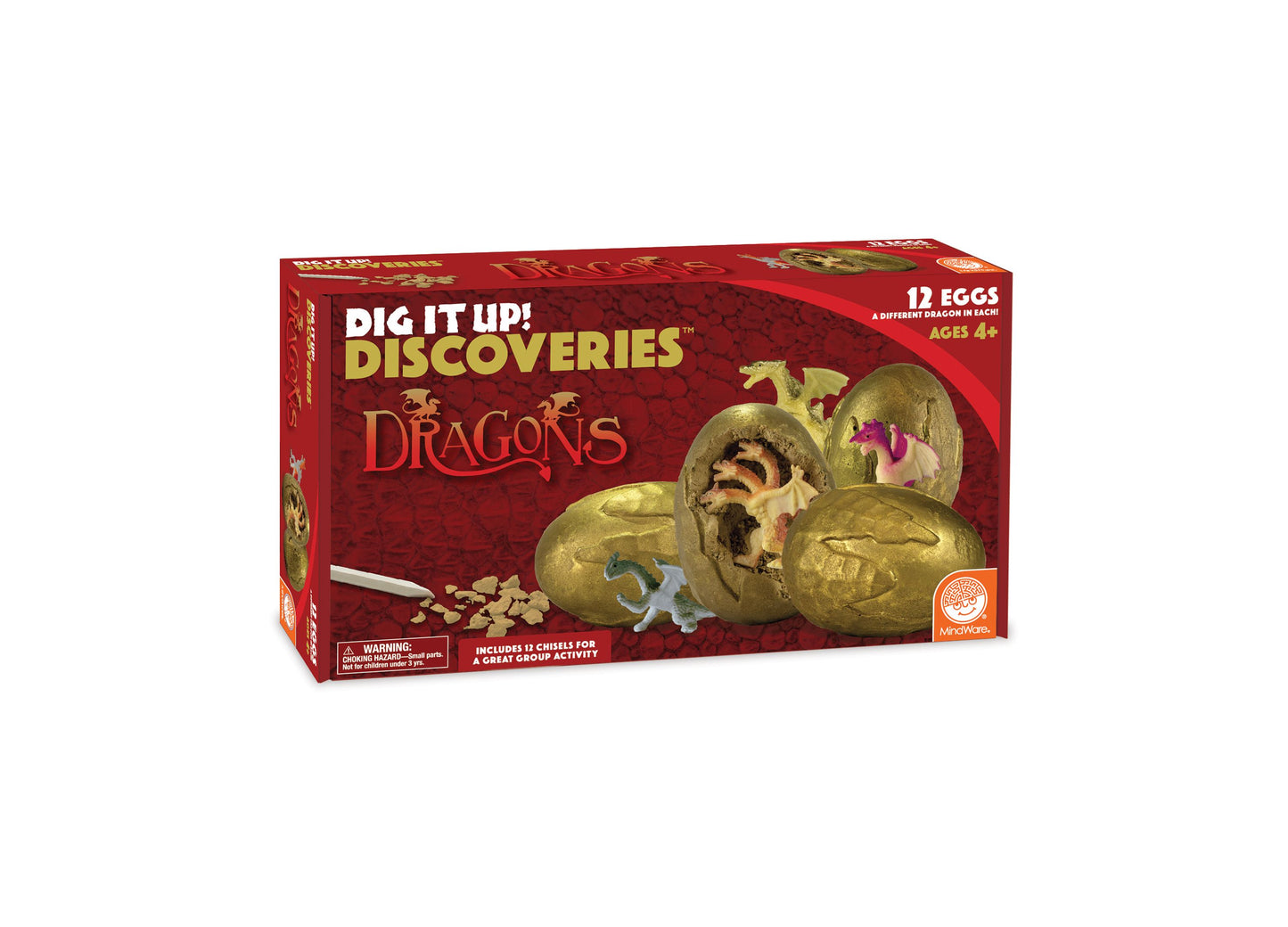 Dig It Up! Discoveries Dragons excavation kit box with red packaging, showing 12 golden eggs containing dragon figures and chisels for digging