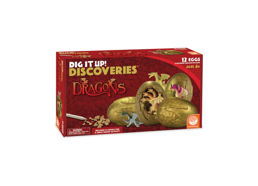 Dig It Up! Discoveries Dragons excavation kit box with red packaging, showing 12 golden eggs containing dragon figures and chisels for digging