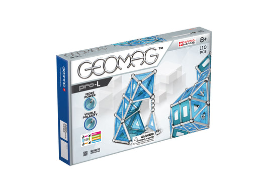 Geomag Pro-L magnetic construction set box showing blue and silver magnetic pieces assembled into 3D structures, 110 pieces, ages 8+