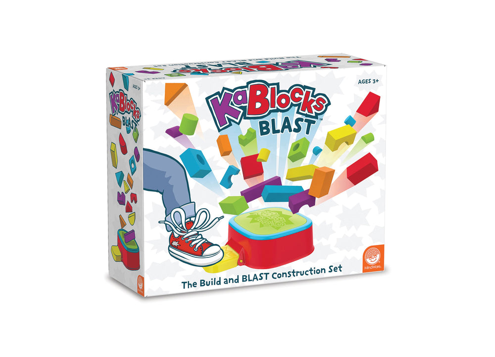 KaBlocks Blast The Build and BLAST Construction Set box showing colorful foam blocks launching from a red platform with a child's sneaker, ages 3+