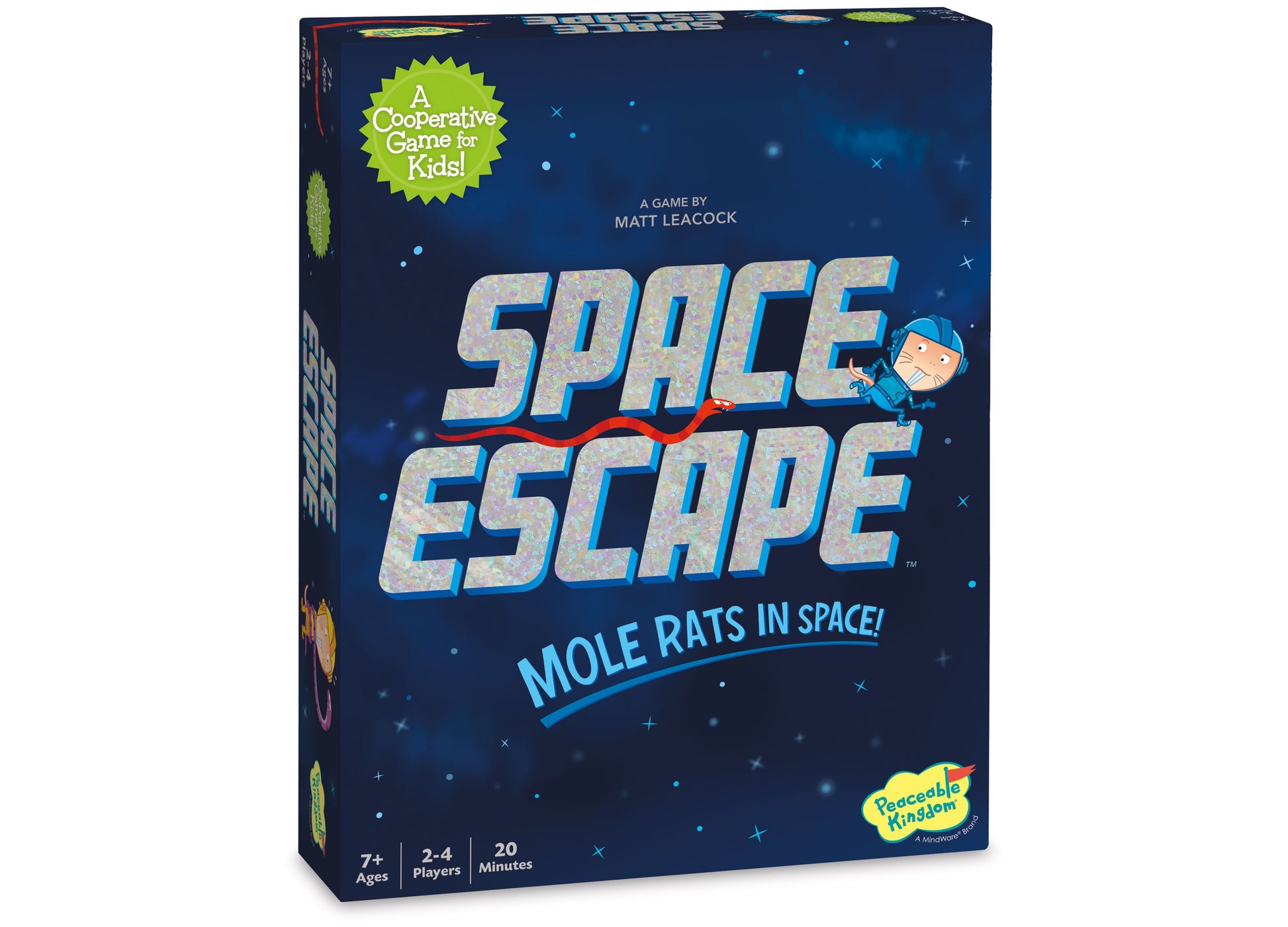 Space Escape board game box featuring large blue letters, cartoon astronaut character, and "Mole Rats in Space!" tagline on dark space-themed background. Ages 7
