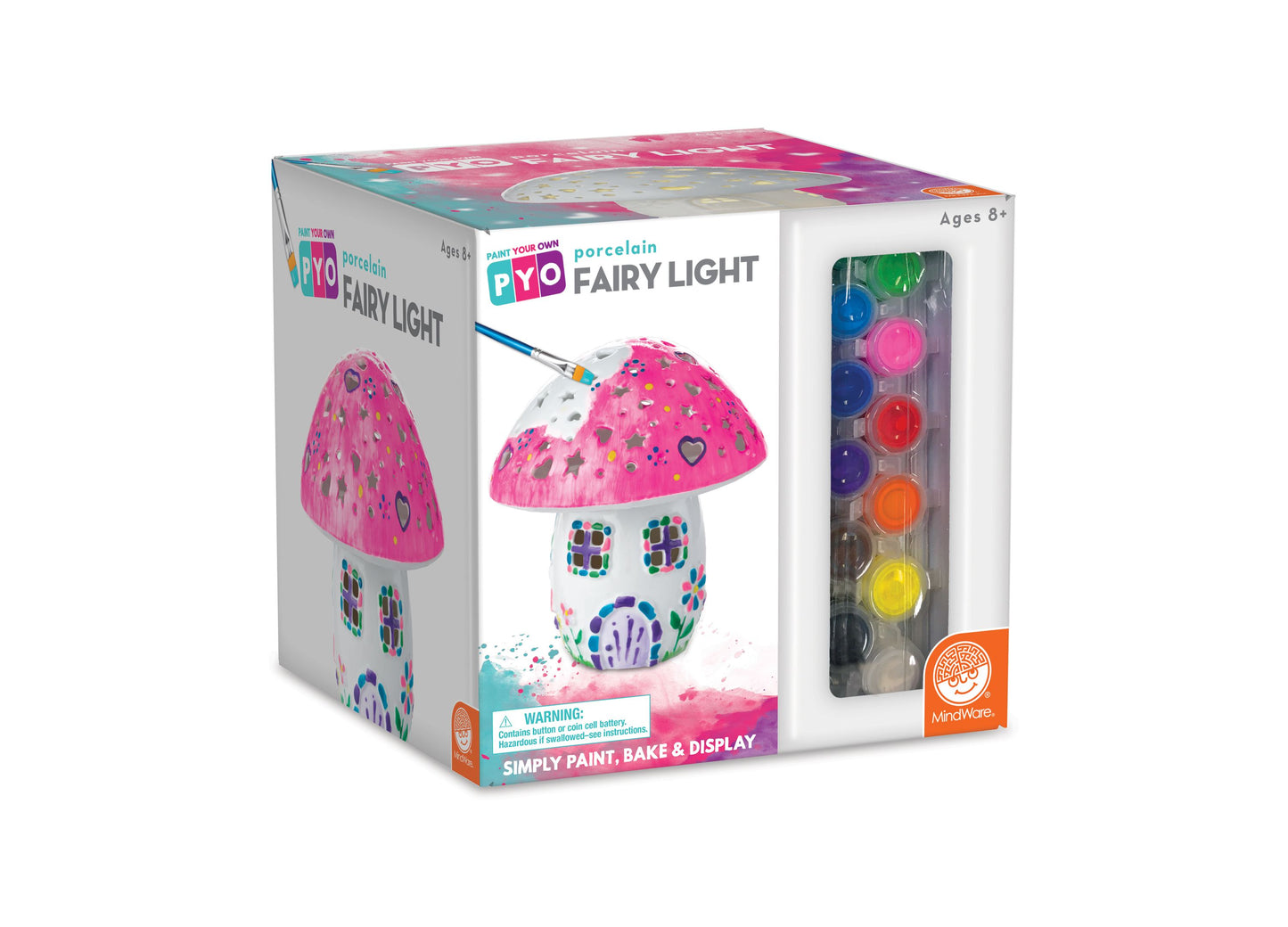 Paint Your Own Porcelain Fairy Light kit box showing pink mushroom-shaped porcelain light with colorful painted details, paintbrushes, and palette of paints inc