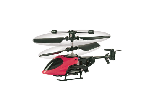 Westminster Inc. red and black miniature R/C helicopter with dual rotor blades