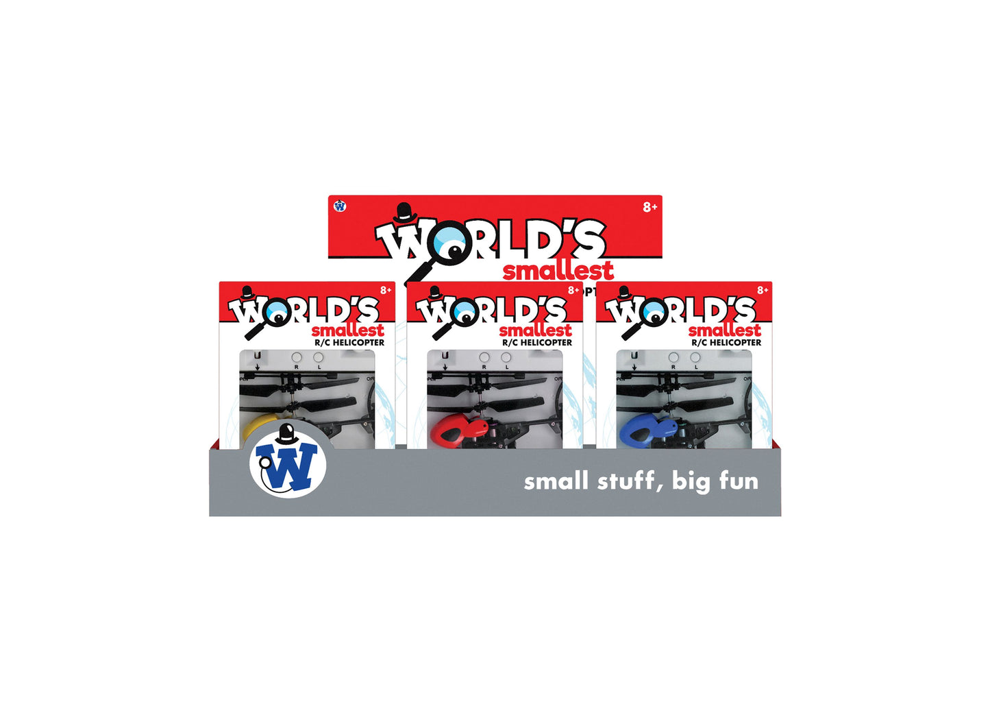 World's Smallest R/C Helicopter set with yellow, red, and blue mini helicopters