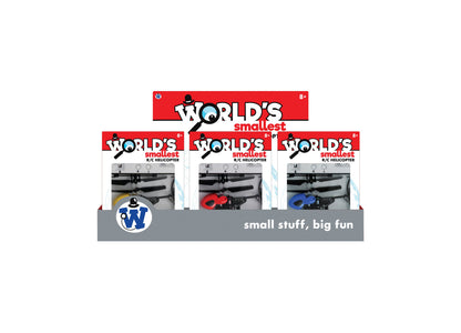 World's Smallest R/C Helicopter set with yellow, red, and blue mini helicopters