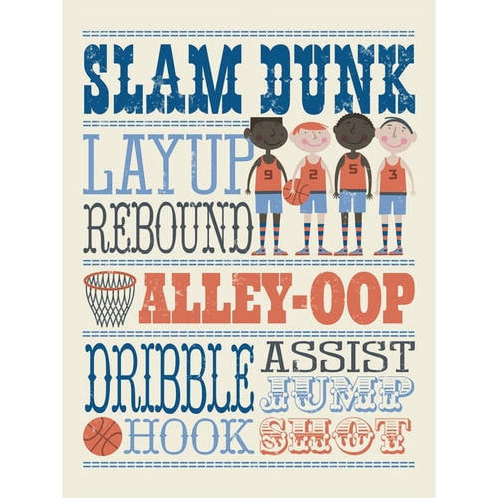 SLAM DUNK LAY UP REBOUND ALLEY-OOP DRIBBLE ASSIST JUMP HOOK SHOT typography poster with illustrated basketball players in orange and blue uniforms