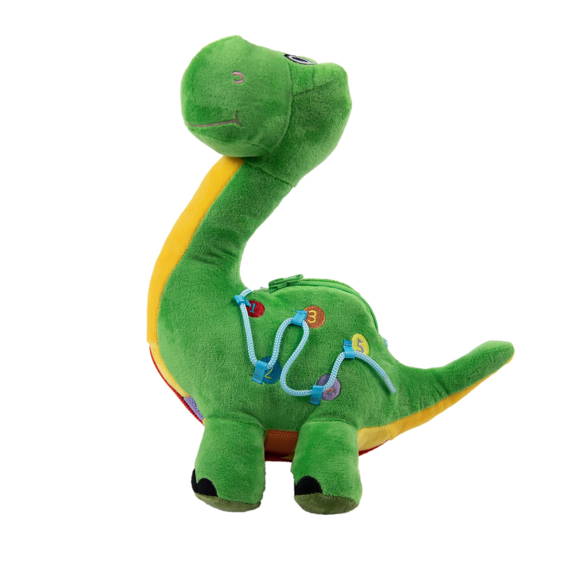 Green plush dinosaur toy with yellow belly, embroidered number lacing activity on body, and sensory fidget loops attached