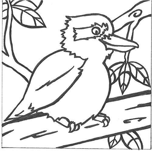 Line drawing of a kookaburra perched on a branch with leaves, ready to paint
