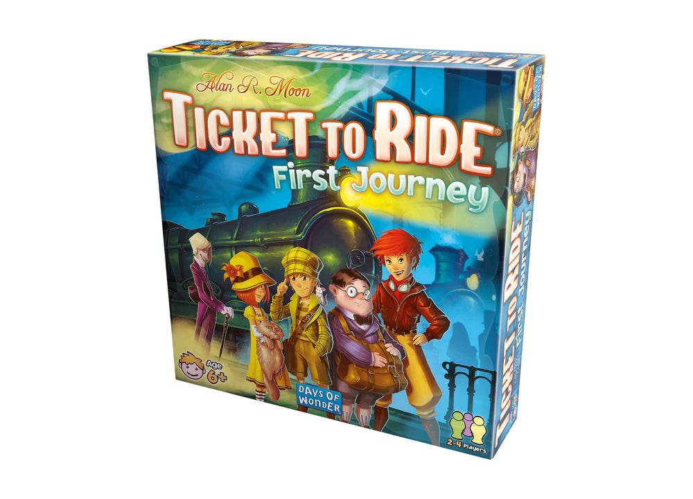 Ticket to Ride: First Journey board game box showing illustrated children characters and a vintage train on a colorful background