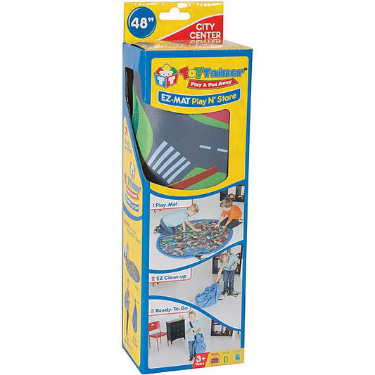 Toytainer EZ-MAT Play N' Store City Center 48-inch play mat in packaging, modeled by children in use photos