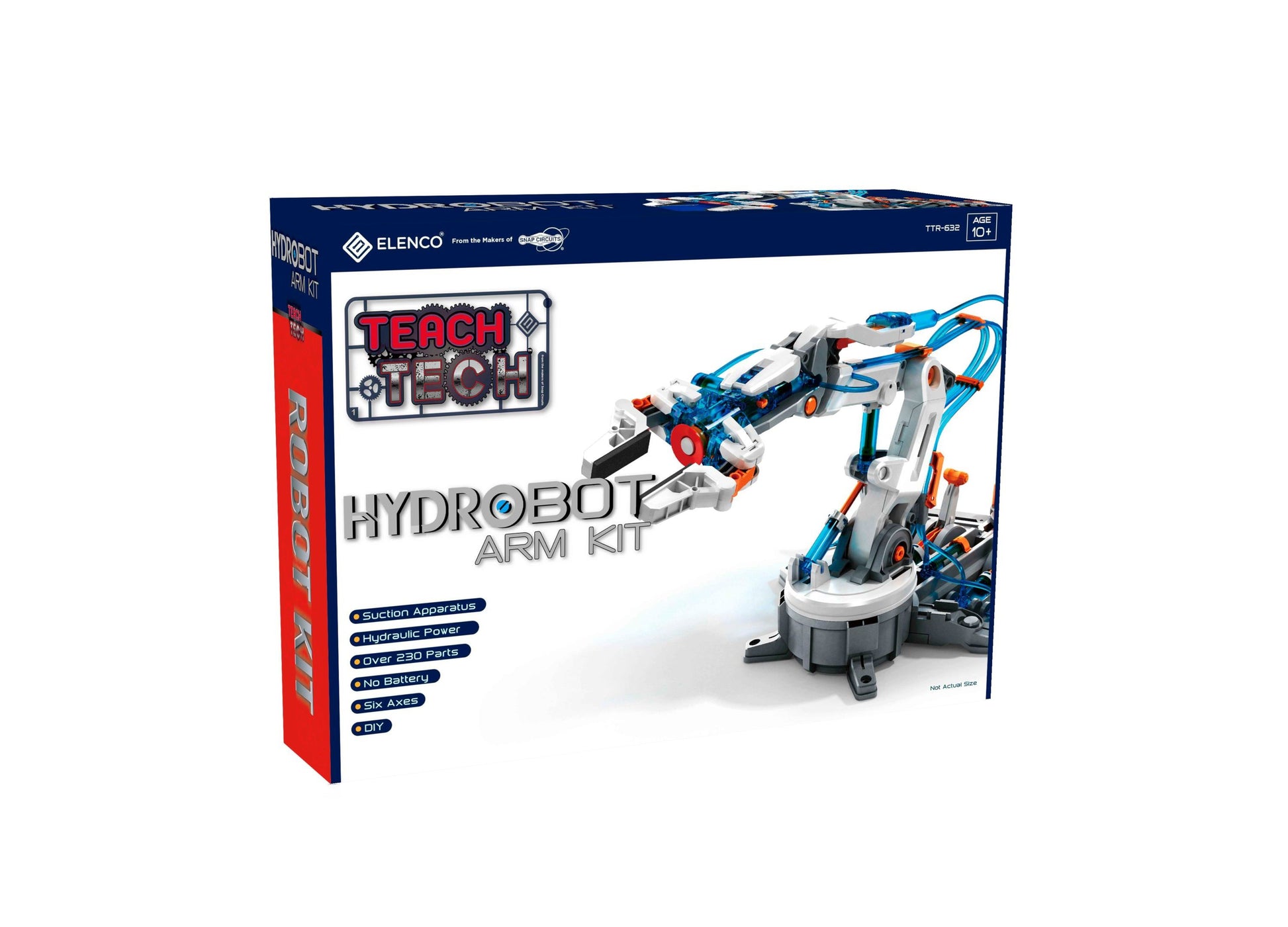 TEACH TECH HydroBot Arm Kit box showing hydraulic robotic arm with blue tubing and white/gray components with suction cup and gripper attachment