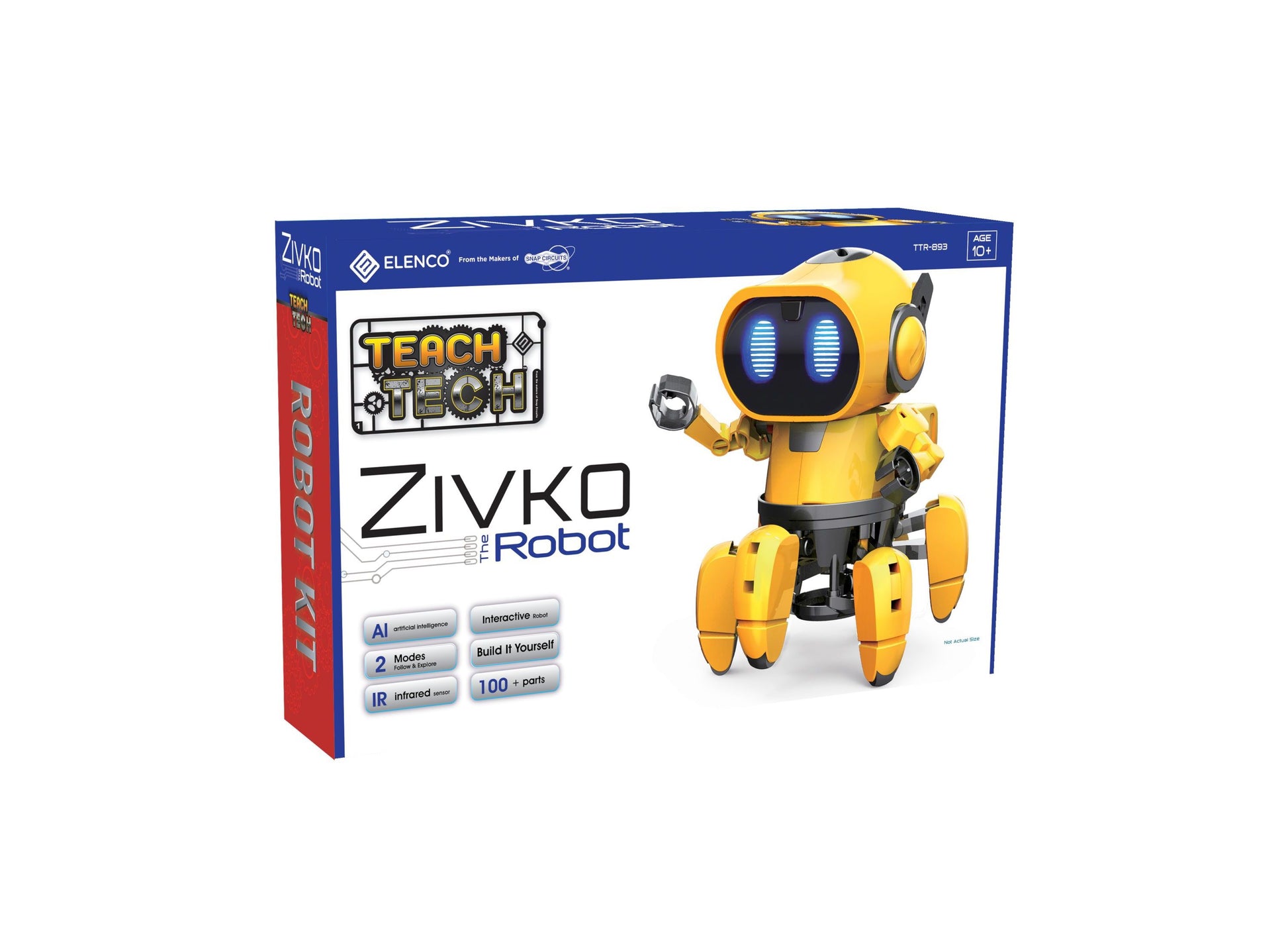 TEACH TECH Zivko Robot Kit box and yellow hexapod robot with blue LED eyes, featuring AI, interactive modes, infrared control, and 100+ buildable parts
