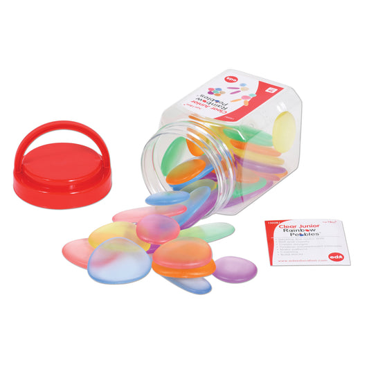 edxeducation Junior Rainbow Pebbles set showing colorful translucent oval pebbles spilling from clear jar with red lid, alongside product packaging and instruct