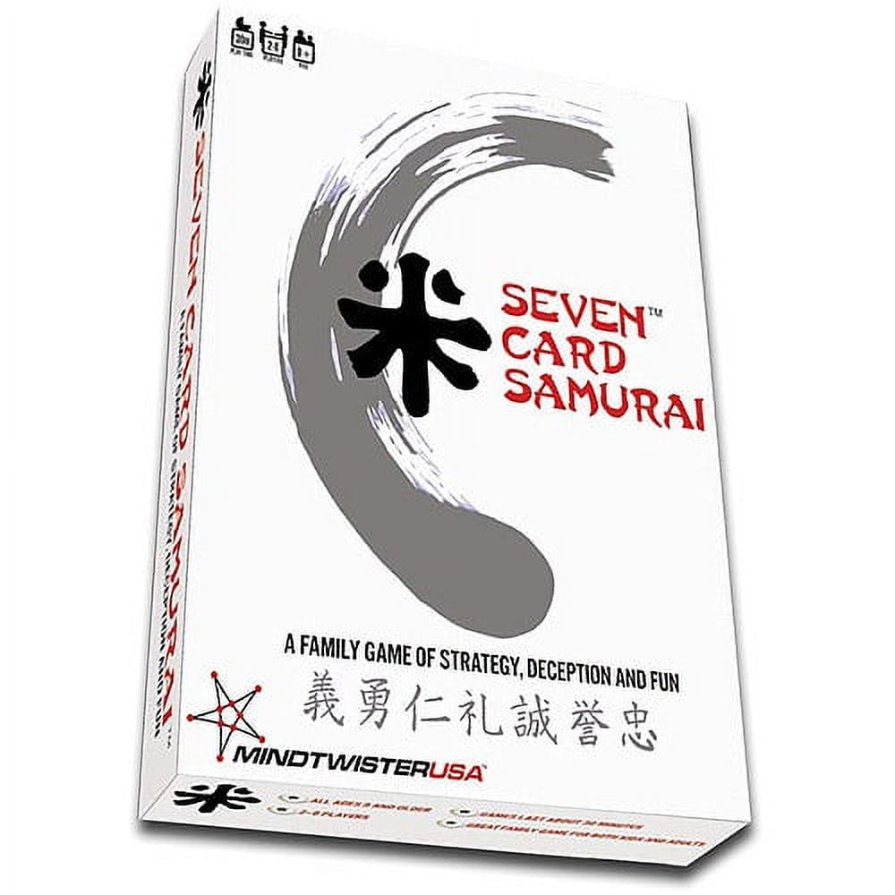 Seven Card Samurai card game box by Mindtwister USA, featuring a black samurai symbol and curved gray brushstroke on white packaging