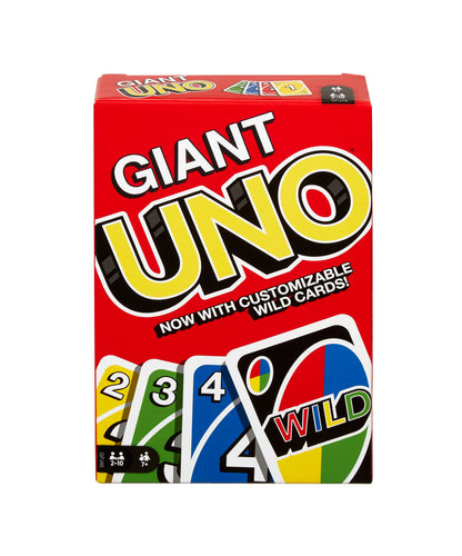 Giant UNO Card Game box featuring oversized cards in yellow, green, blue, and red with Wild card displayed