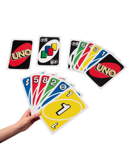 Giant UNO Card Game with oversized cards in yellow, red, blue, and green displayed in a fan spread, with the UNO logo...