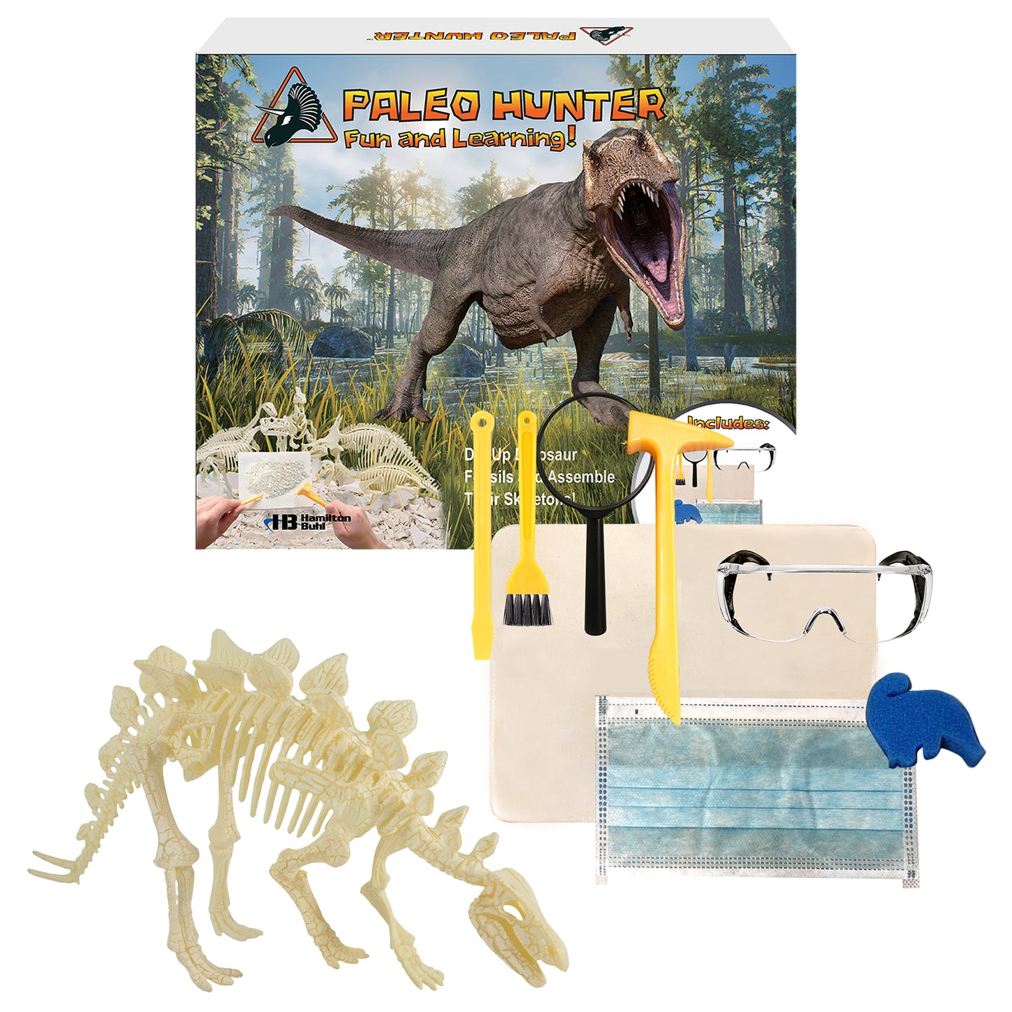Paleo Hunter Fun and Learning kit contents displayed: dinosaur skeleton excavation box with fossil skeleton model, yellow and black digging tools, brush, magnif