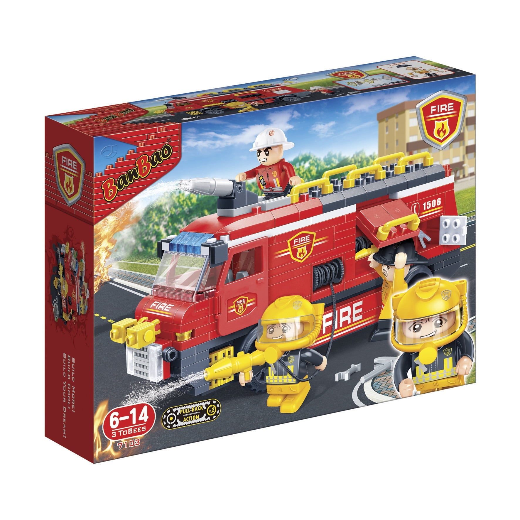 BanBao Fire Rescue Team building set with red fire truck, yellow firefighter minifigures, water cannon, and emergency scene backdrop