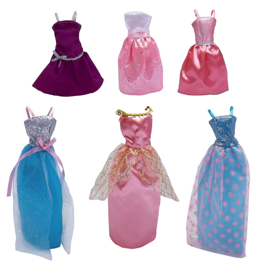 Six colorful doll dresses displayed on plain background: purple velvet with silver straps, pink sparkle with lavender bodice, hot pink satin, blue and white wit