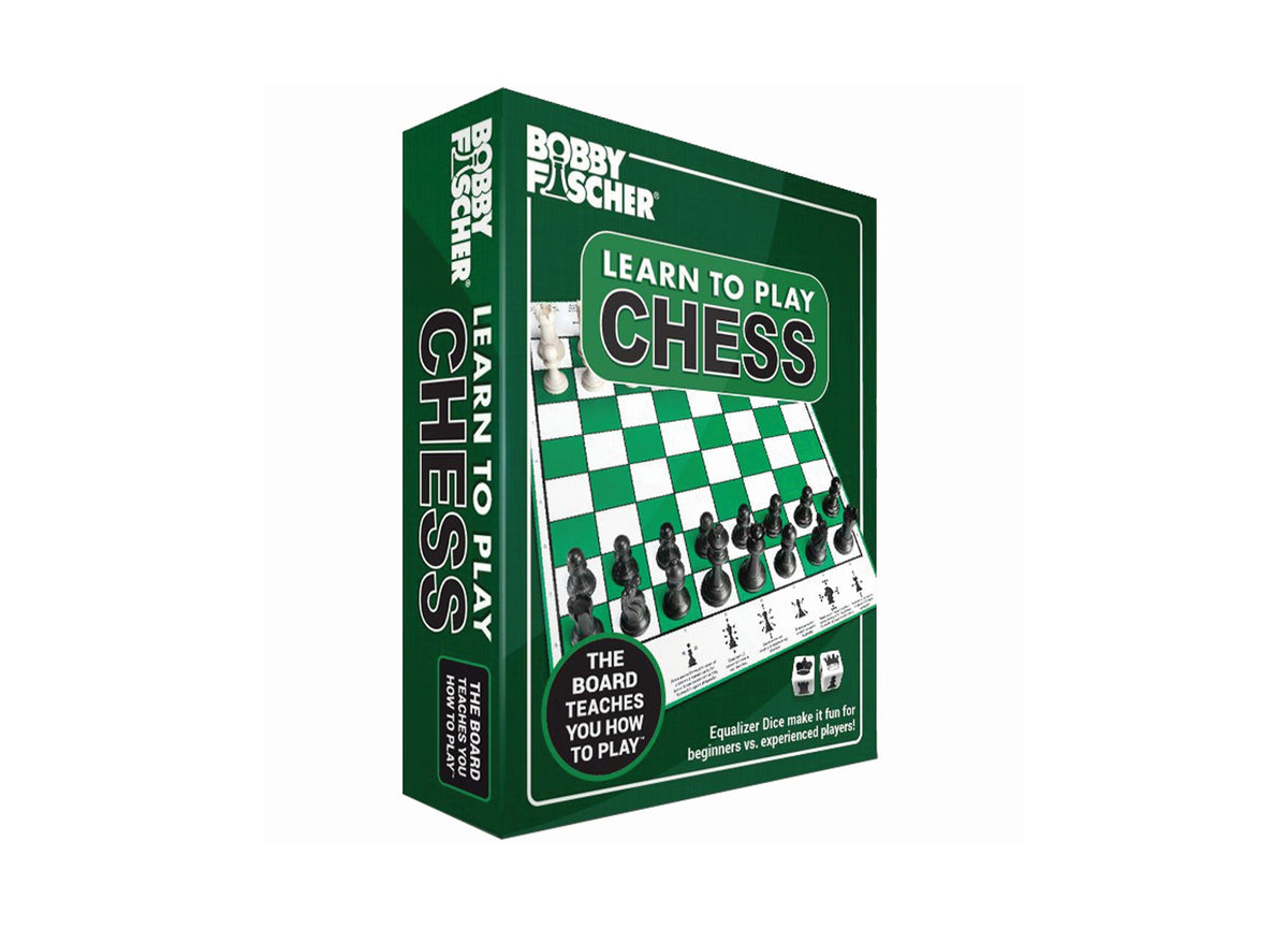 Bobby Fischer Learn to Play Chess board game box with green and white checkered board and black chess pieces displayed