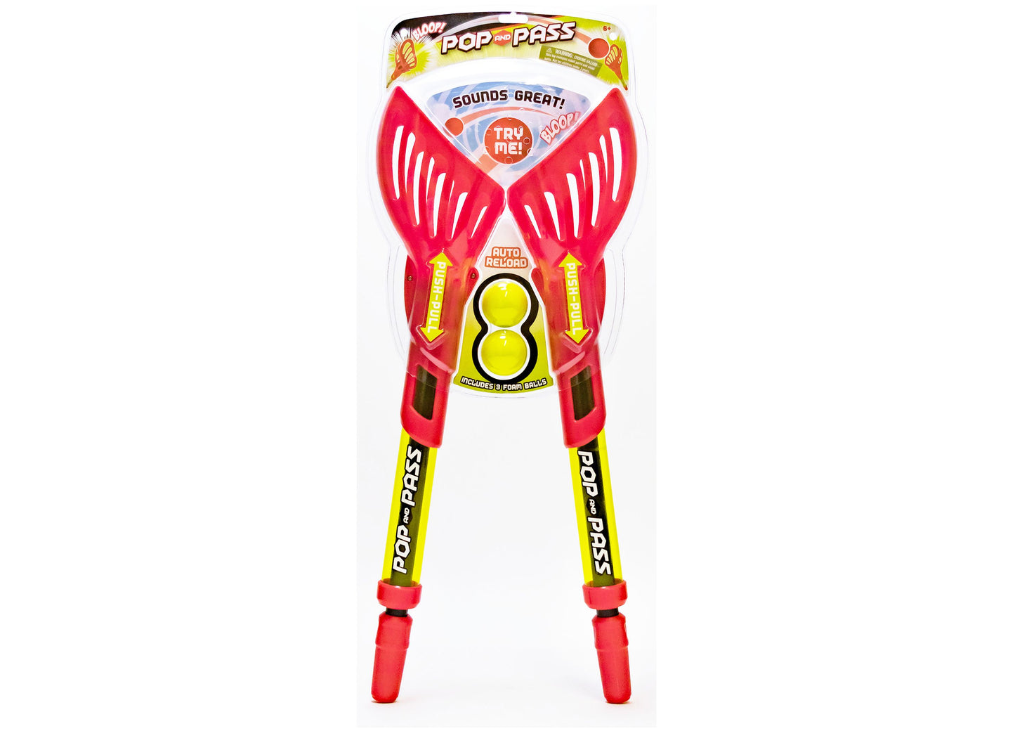 Pop and Pass red and yellow foam ball launch game with wing-shaped handles and two yellow balls, on plain background