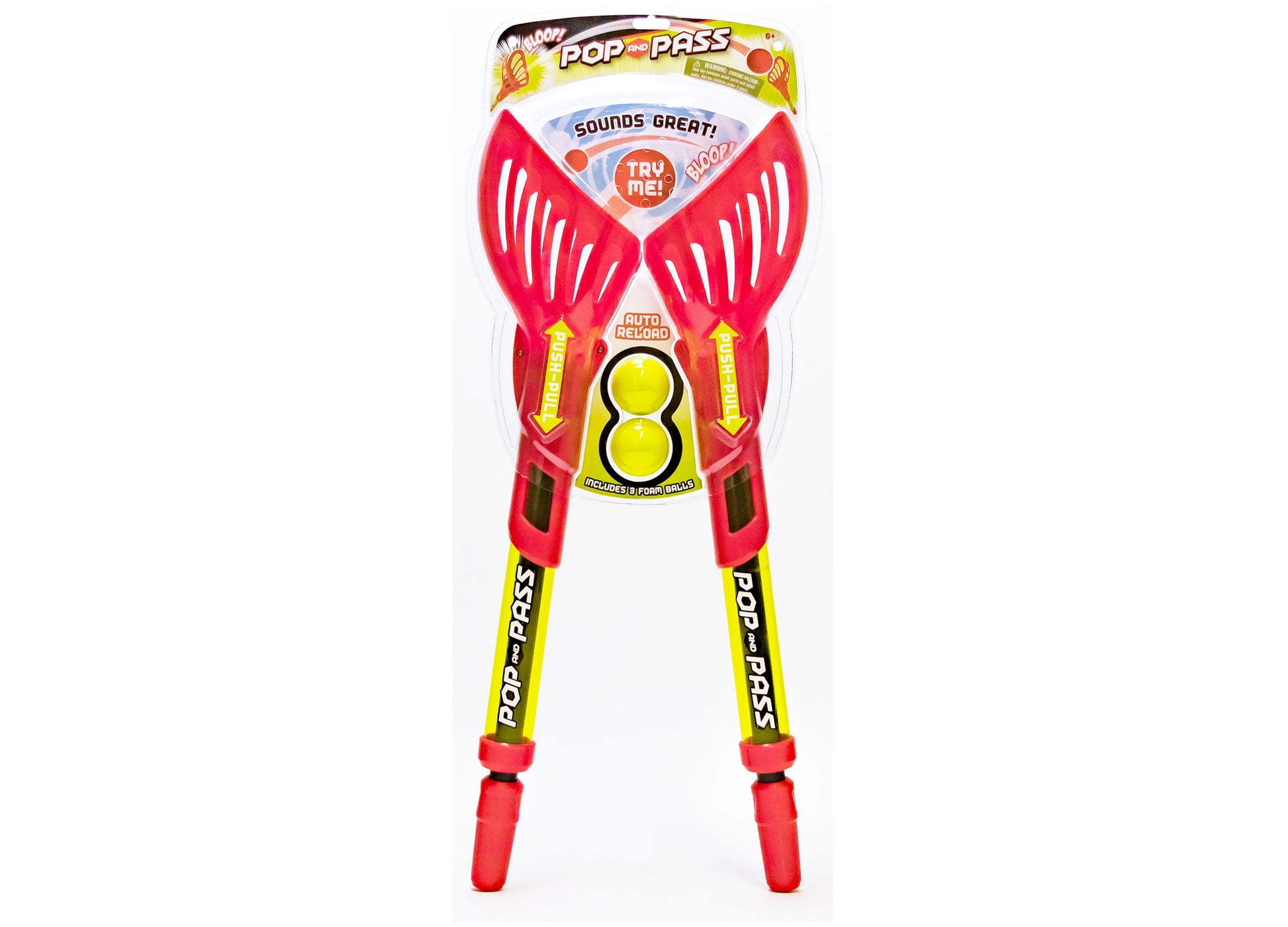 Pop and Pass red and yellow foam ball launch game with wing-shaped handles and two yellow balls, on plain background