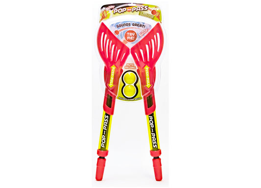 Pop and Pass red and yellow foam ball launch game with wing-shaped handles and two yellow balls, on plain background