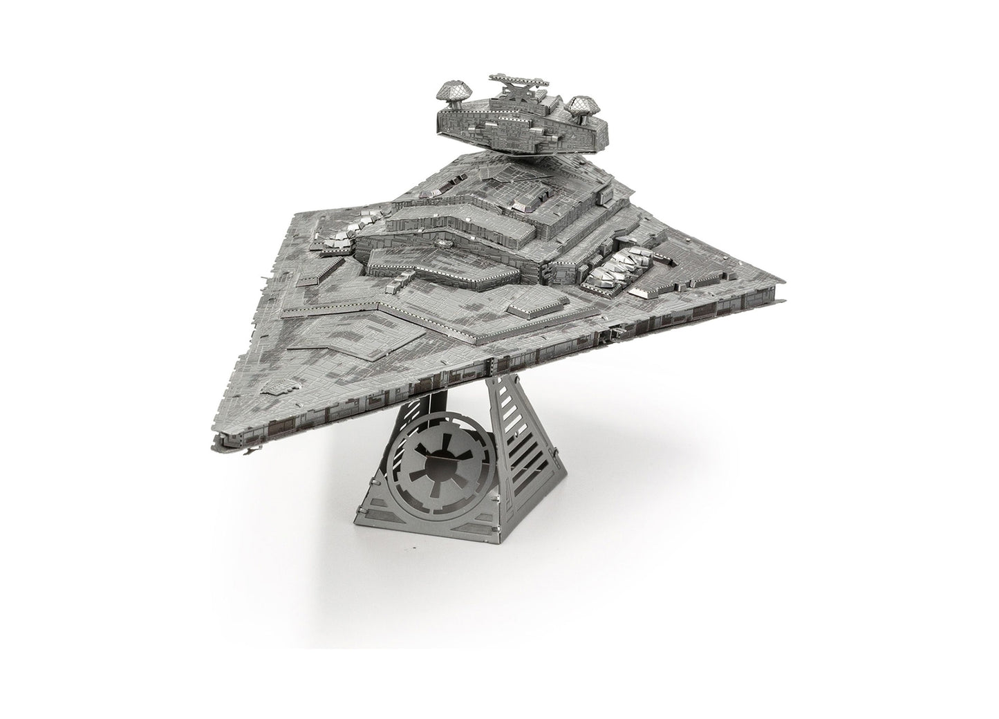 Star Wars Imperial Star Destroyer 3D metal model kit, fully assembled gray metallic ship on display stand