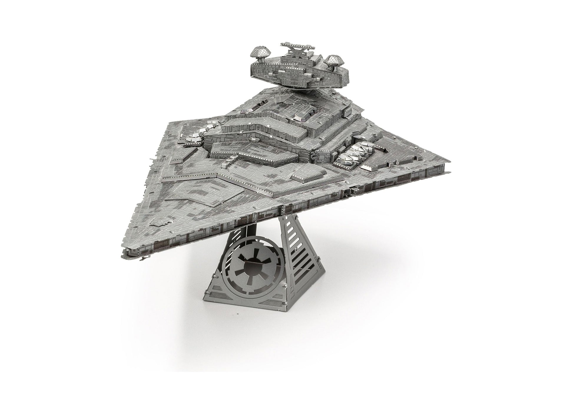 Star Wars Imperial Star Destroyer 3D metal model kit, fully assembled gray metallic ship on display stand