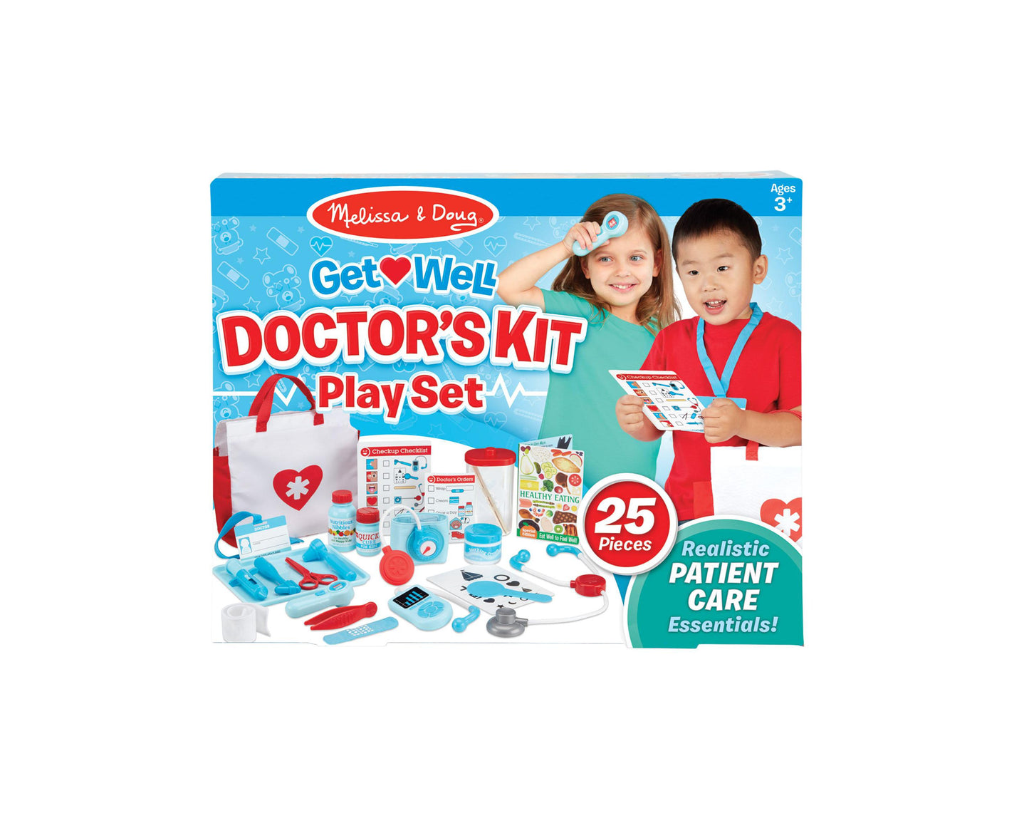 Melissa & Doug Get Well Doctor's Kit Play Set box showing two children modeled as doctors with stethoscopes, medical bag, and 25 blue and red play pieces includ