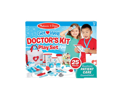 Melissa & Doug Get Well Doctor's Kit Play Set box showing two children modeled as doctors with stethoscopes, medical bag, and 25 blue and red play pieces includ