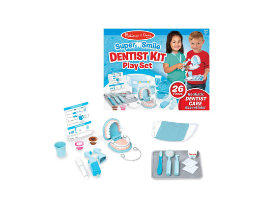 Melissa & Doug Super Smile Dentist Kit Play Set with 26 pieces including toy dental tools, teeth model, patient bib, and accessories, modeled by two children