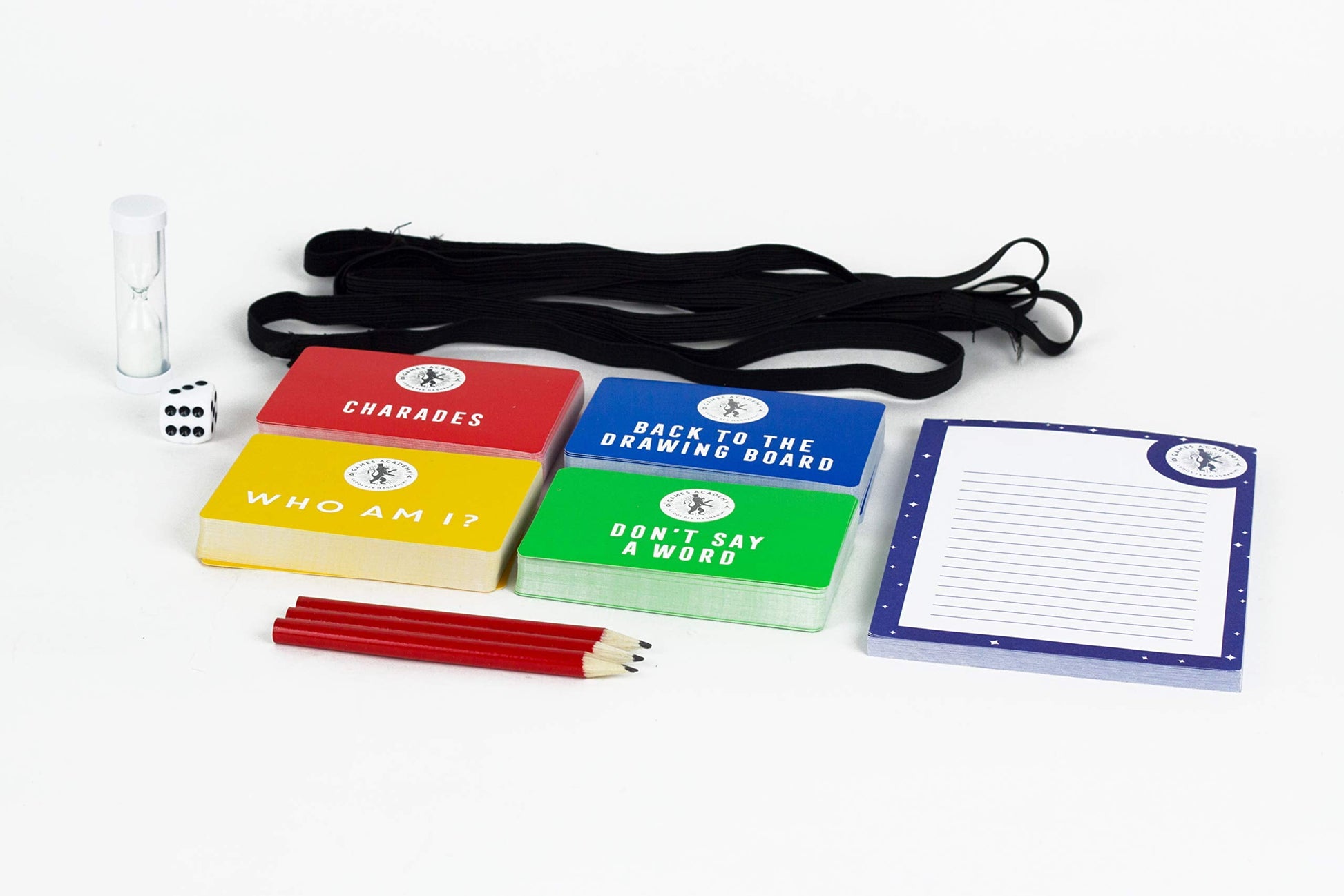 Family Fun Games Night Board Game Collection including colorful game cards labeled Charades, Who Am I, Don't Say a Word, and Back to the Drawing Board, plus red
