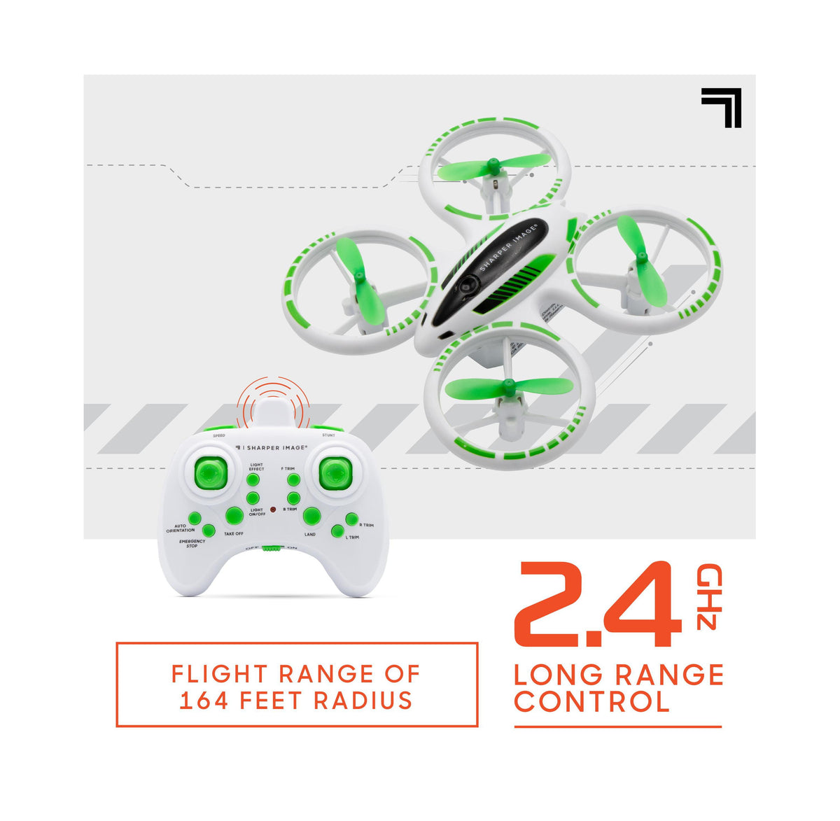 Sharper Image Glow Stunt 5 Drone with green and white design and remote control