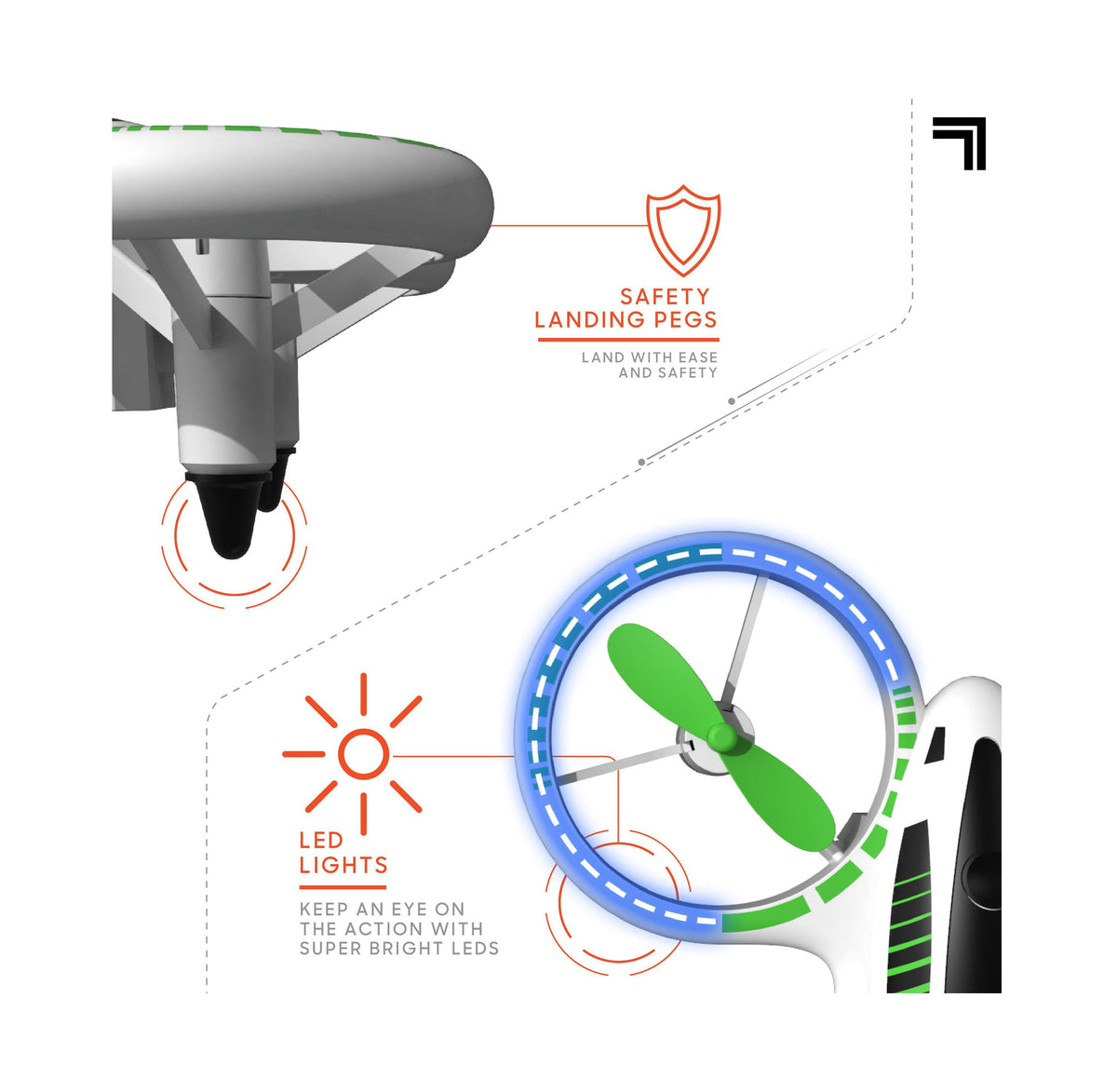 Sharper Image Glow Stunt 5 Drone with LED lights, safety landing pegs, and green propellers