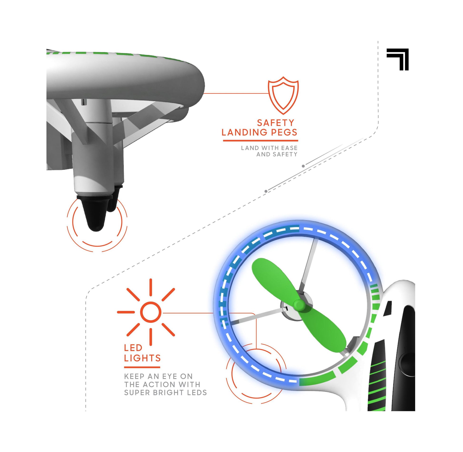 Sharper Image Glow Stunt 5 Drone with LED lights, safety landing pegs, and green propellers