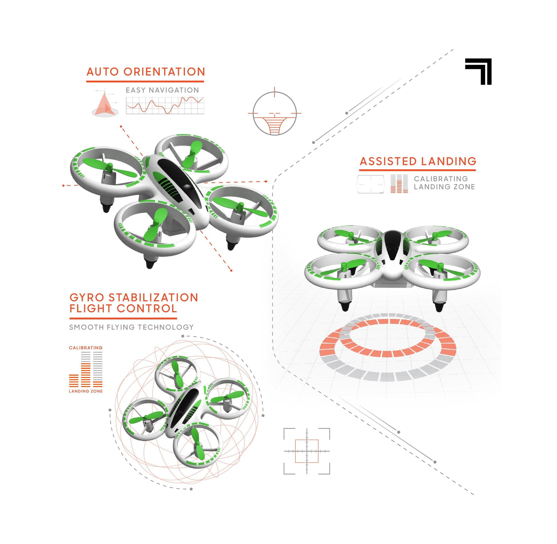 Sharper Image Glow Stunt 5 Drone with green and white design showing auto orientation and assisted landing features